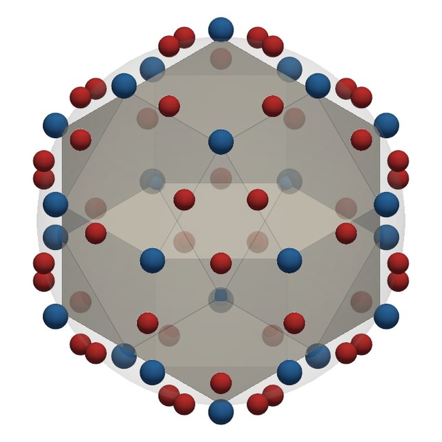 The rhombicuboctahedron with the zeros (blue) and poles (red) of its function