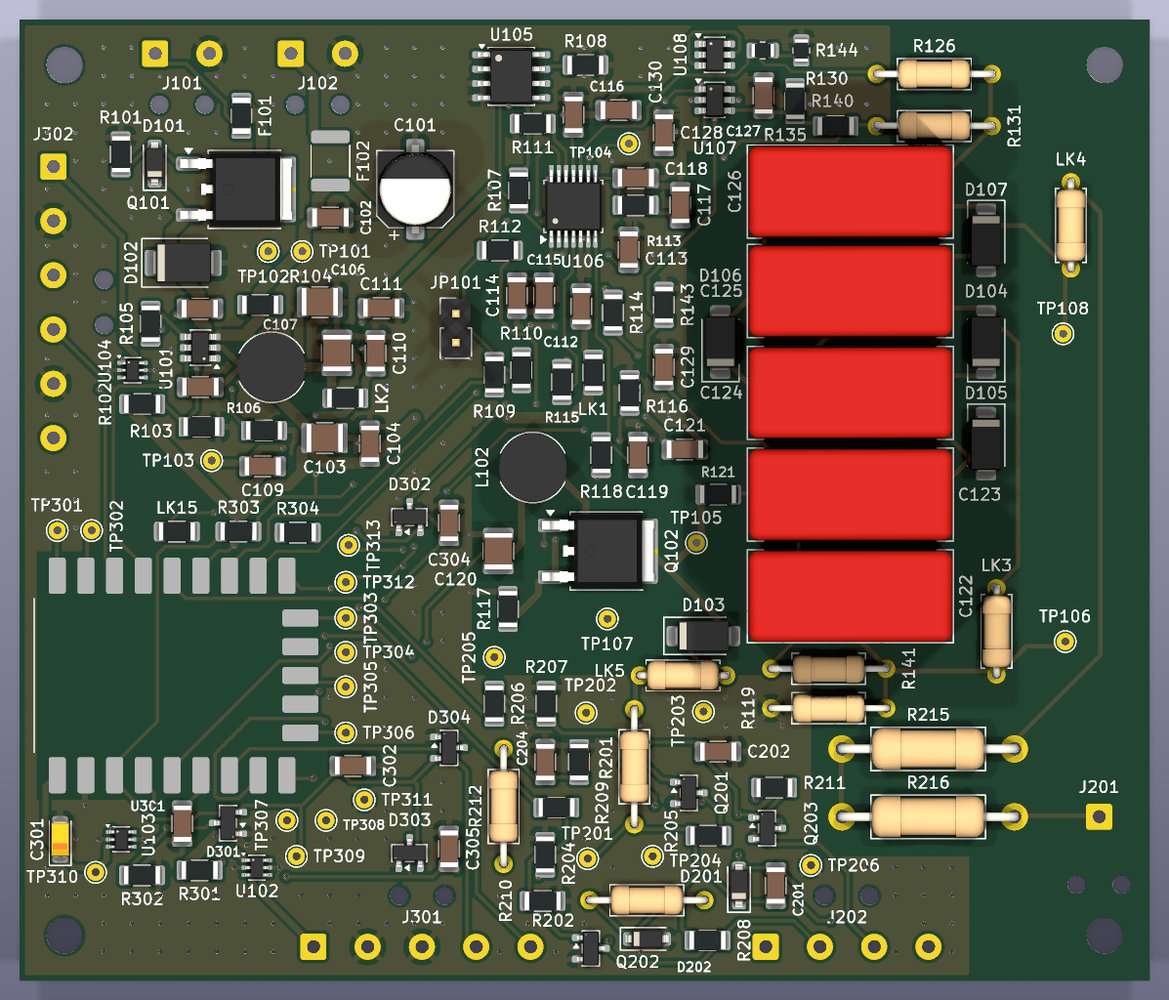 KiCad 3D render of the dekatron controller/PSU board, top side, with the RP2040-Zero shown only as its castellated pads